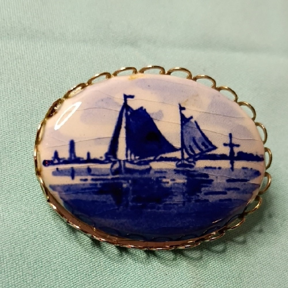 Delft Holland Blue and Gold Ceramic Sailboat Brooch Nautical Chic